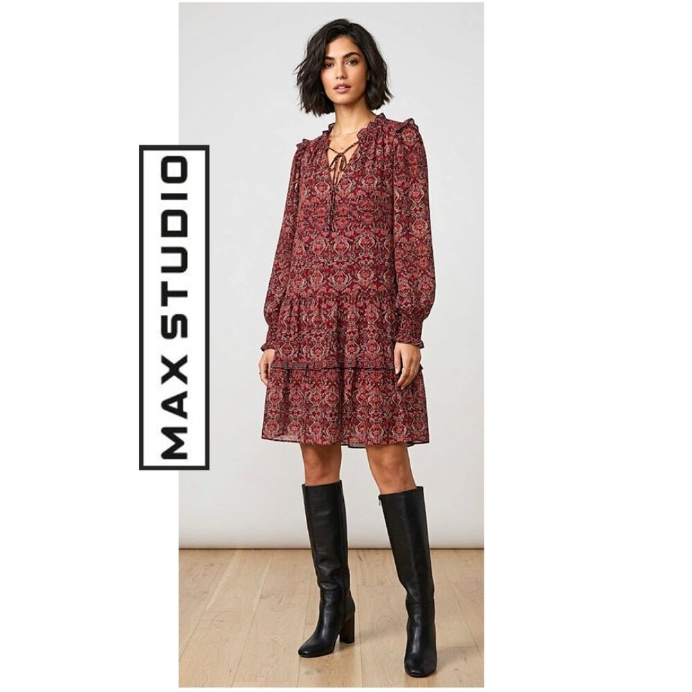 NWT!!! MAX STUDIO, Boho burgundy long sleeve floral pattern dress, size: large - Picture 3 of 15